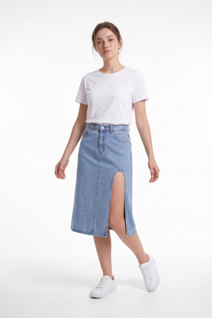 Women's High Waist A-Line Front Slit Denim Midi Skirt