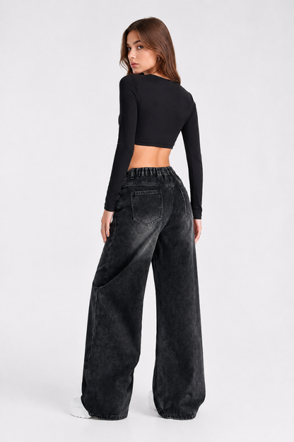 Women's high-rise wide-leg jeans with a half-elastic waist