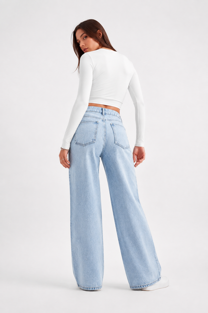 Women's High Waist Light Blue Straight Wide Leg Jeans