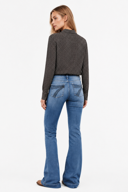 Women's High Waist Flare Jeans with Western Pocket Detail