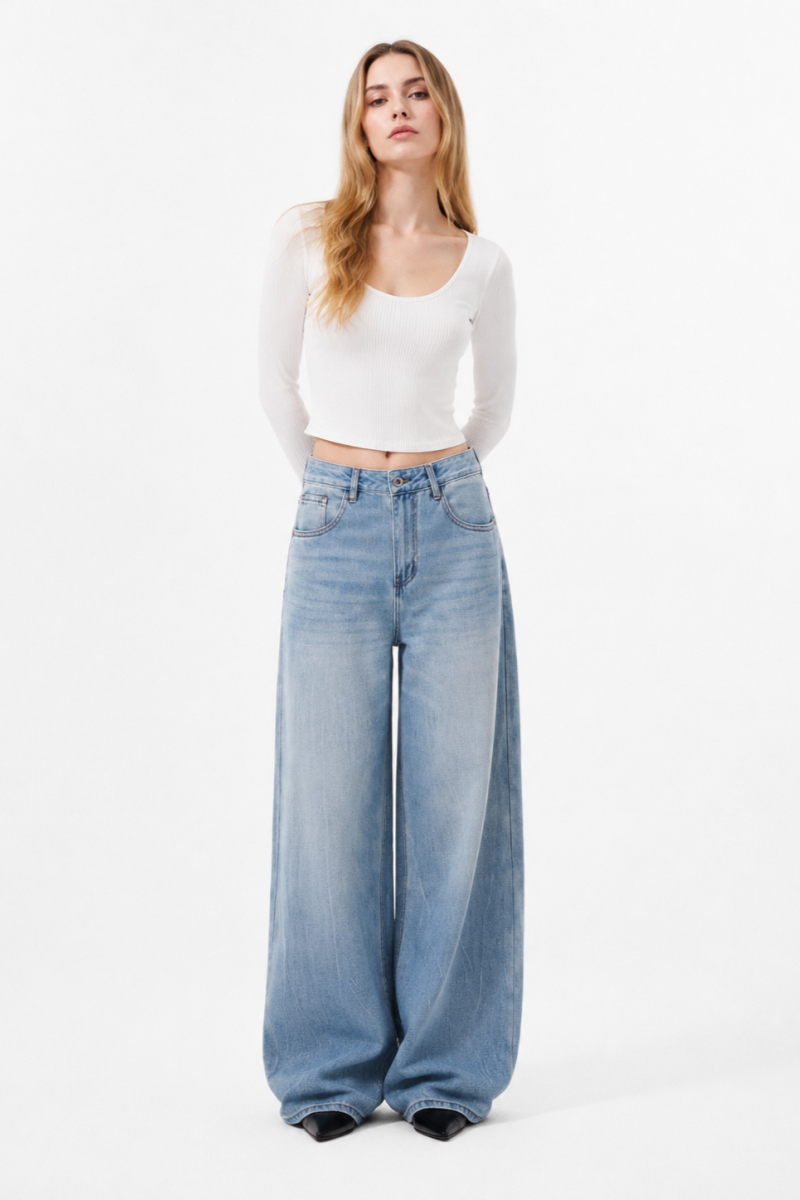 Women's 100% Cotton High Waist Wash Wide Leg Jeans