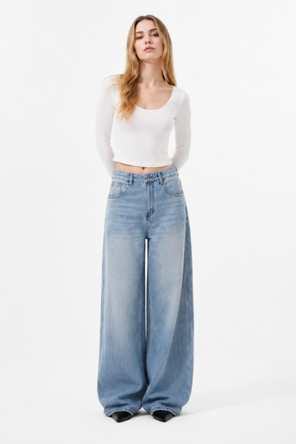 Women's 100% Cotton High Waist Wash Wide Leg Jeans