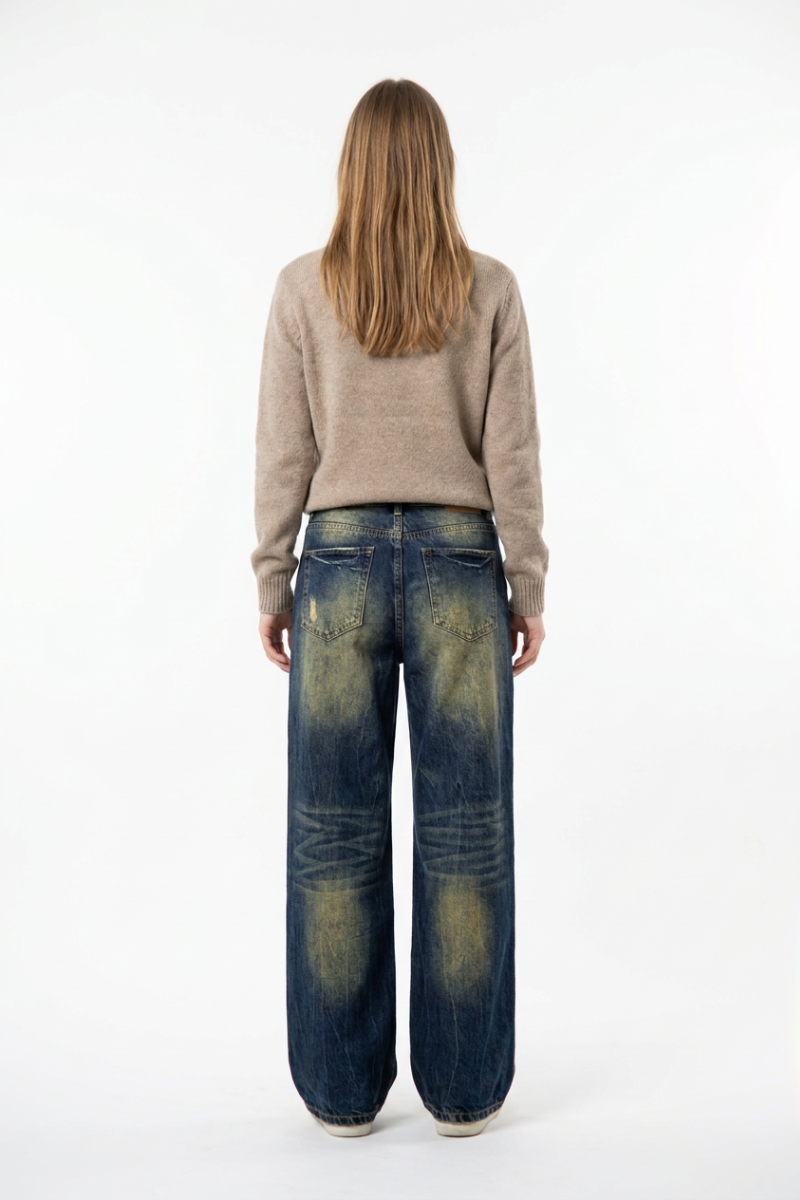 Women's Vintage Heavy Wash High Waist Straight Leg Jeans