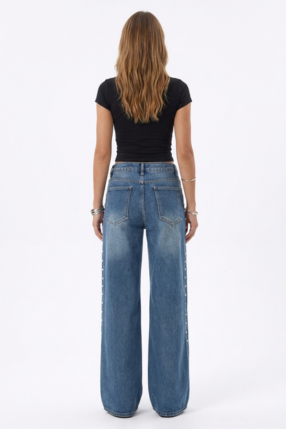 Women's Studded Side High Waist Wide Leg Jeans