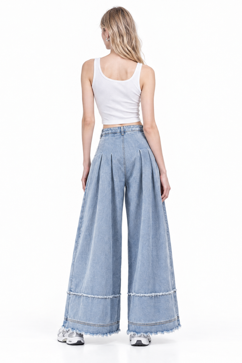 Women's High Waist Pleated Wide Leg Jeans