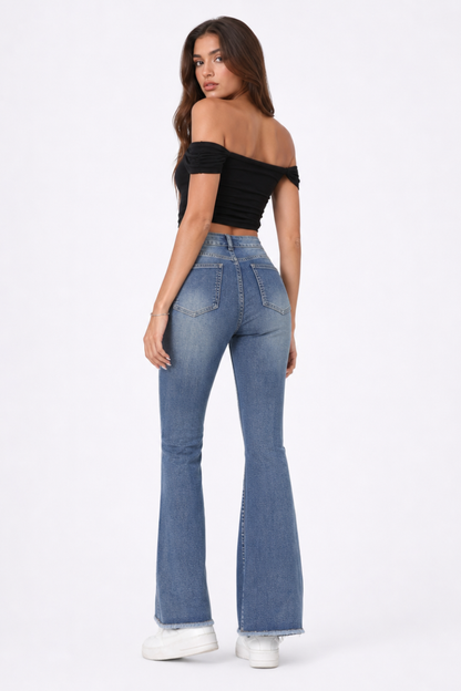 Women's High Waist Stretch Flare Jeans with Attached Belt