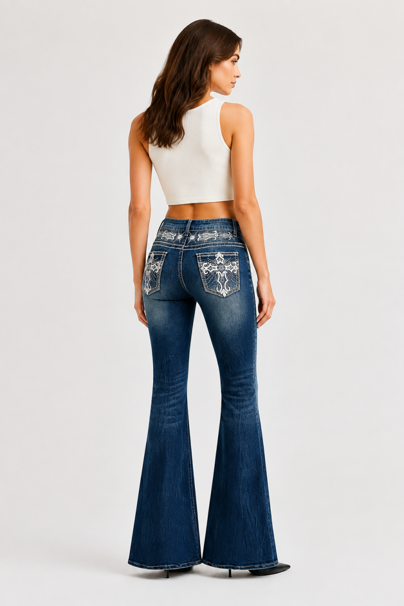 Women's High Waist Flare Jeans with Retro Embroidery