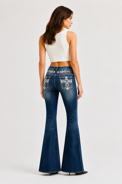 Women's High Waist Flare Jeans with Retro Embroidery