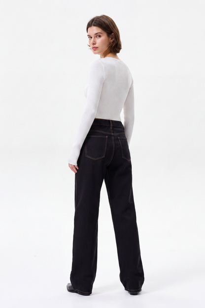 Women's High Waist Black Wash Straight Leg Jeans