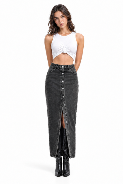 Women's High Waist Front Button Denim Midi Skirt