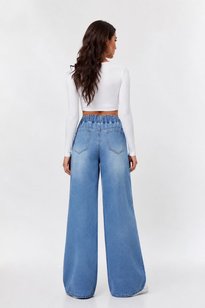 Women's Drawstring Elastic Waist Wide Leg Jeans
