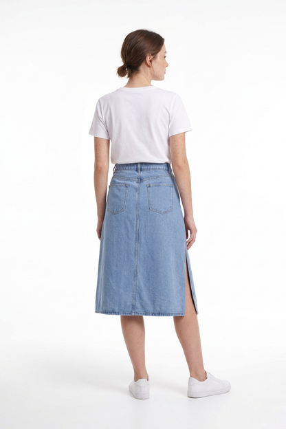 Women's High Waist A-Line Front Slit Denim Midi Skirt