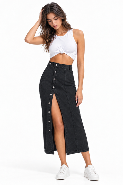 Women's High Waist Side Button Denim Midi Skirt