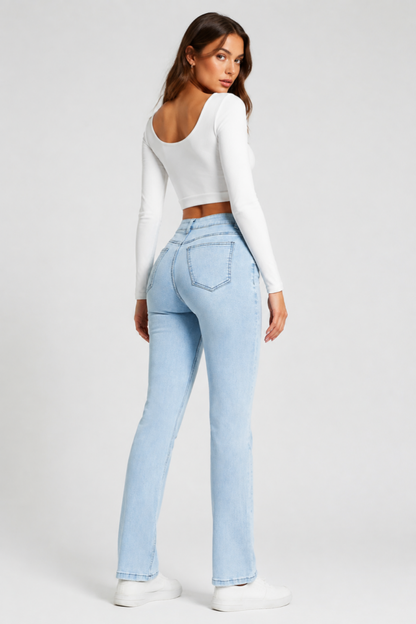 Women's Light Blue Wash Stretch Slim Straight Leg Jeans