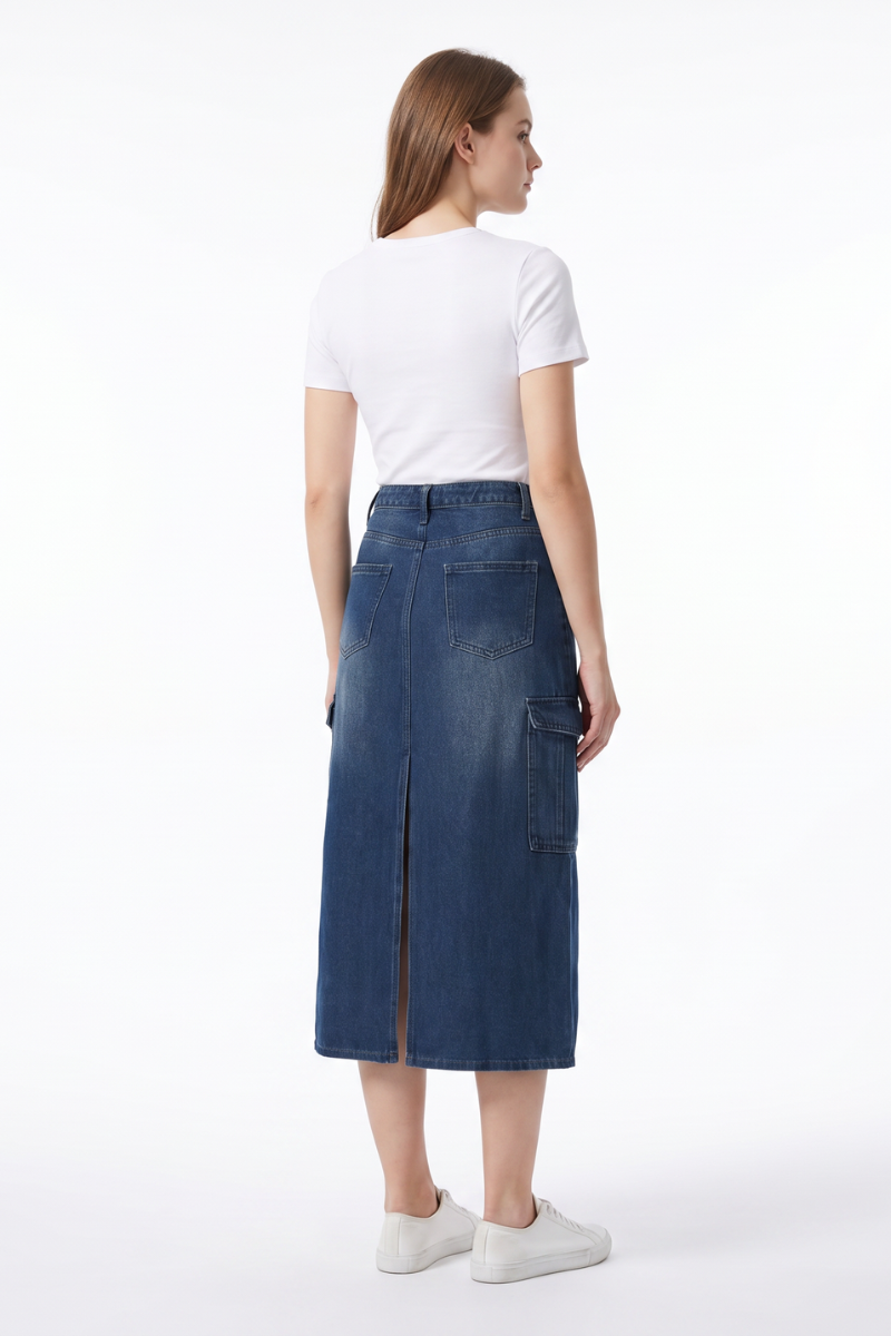 Women's High Waist Front Slit Denim Midi Skirt