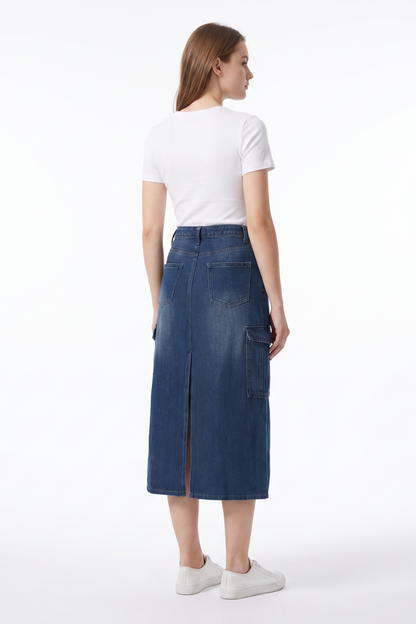 Women's High Waist Front Slit Denim Midi Skirt