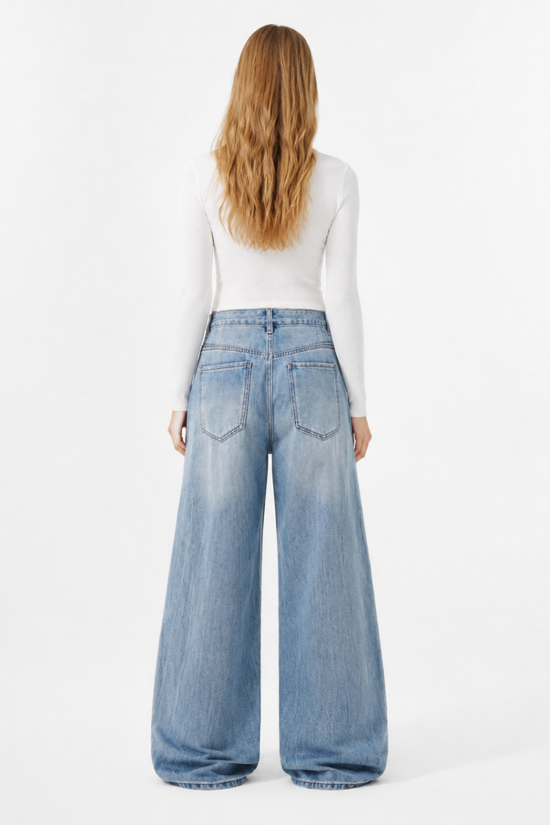 Women's 100% Cotton High Waist Wash Wide Leg Jeans