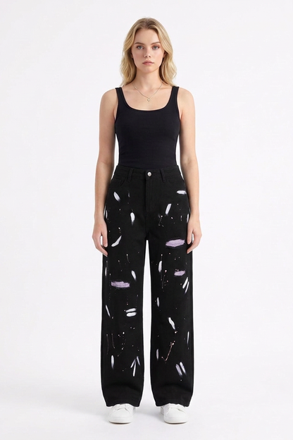 Women's High Waist Graffiti Ripped Wide Leg Jeans