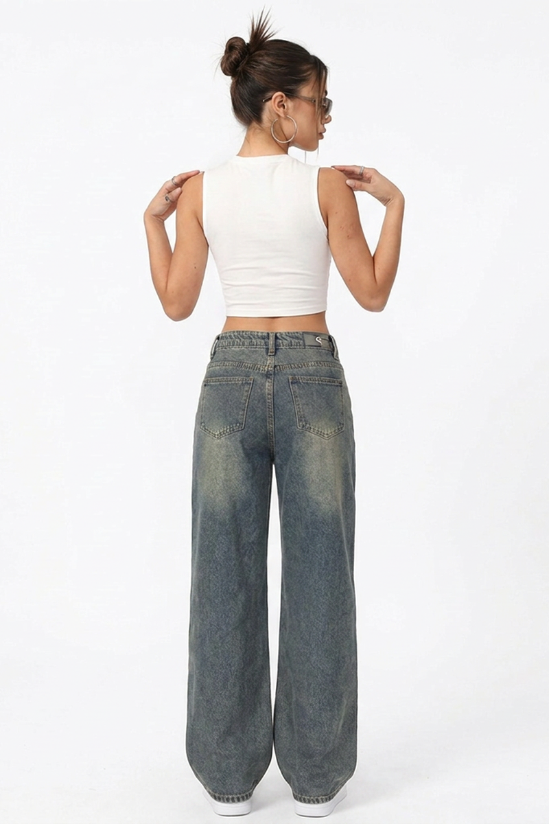 Women's Vintage Wash High Waist Loose Wide Leg Jeans