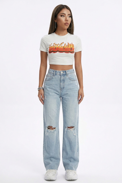 Women's High Waist Straight Leg Ripped Jeans