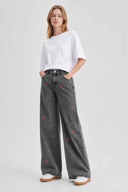 Women's High Waist Cherry Embroidered Wide Leg Jeans