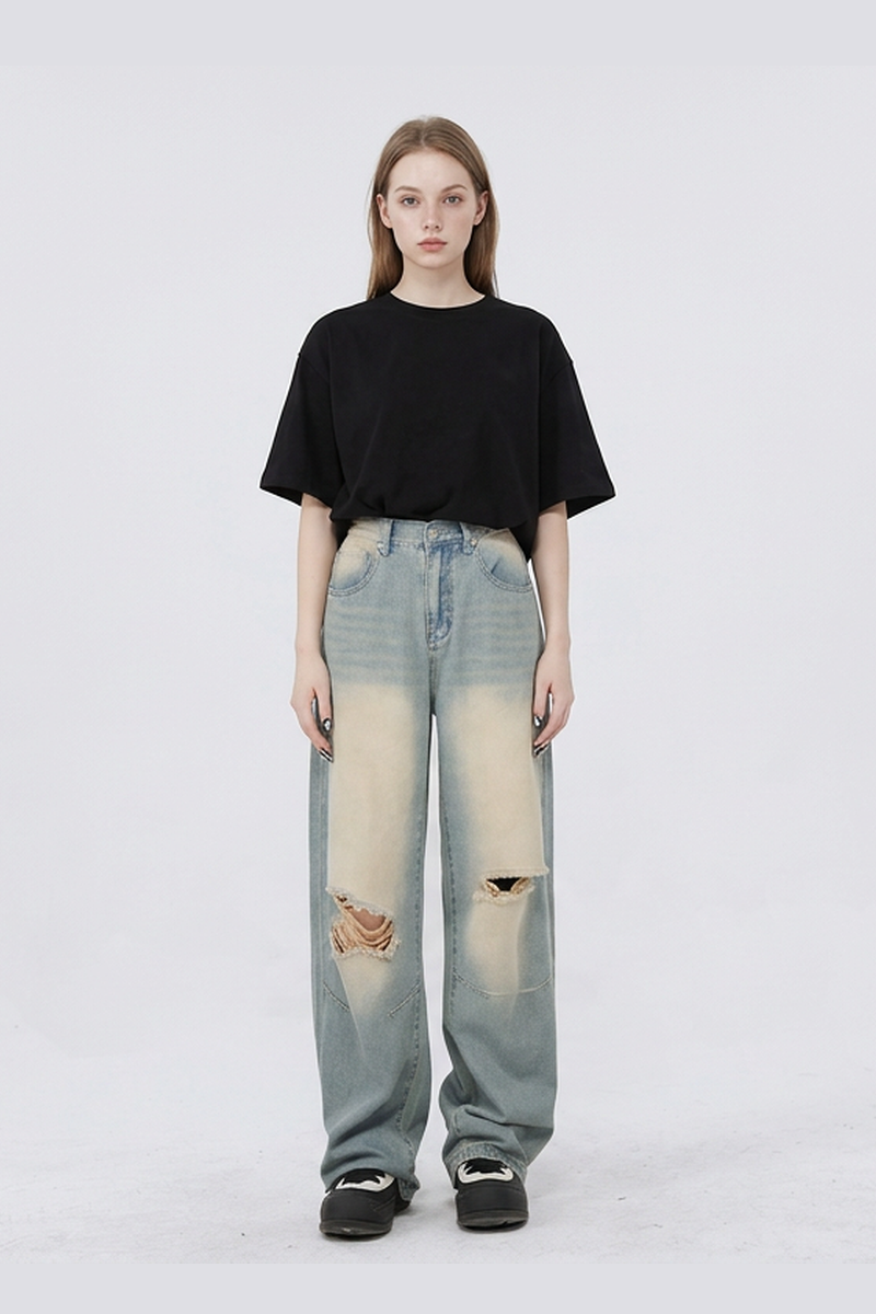Women's Heavy Wash High Waist Wide Leg Ripped Jeans