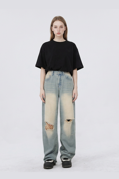 Women's Heavy Wash High Waist Wide Leg Ripped Jeans