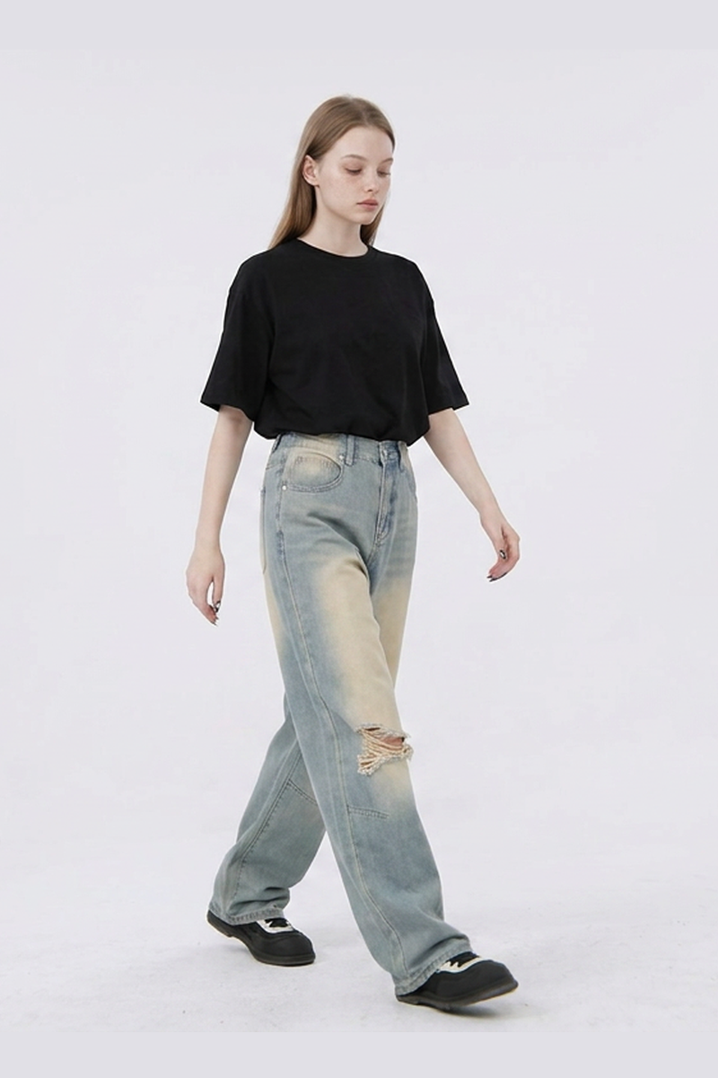 Women's Heavy Wash High Waist Wide Leg Ripped Jeans