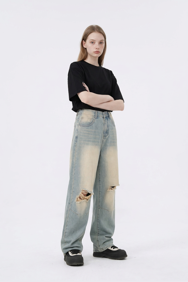 Women's Heavy Wash High Waist Wide Leg Ripped Jeans