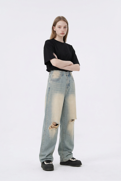 Women's Heavy Wash High Waist Wide Leg Ripped Jeans