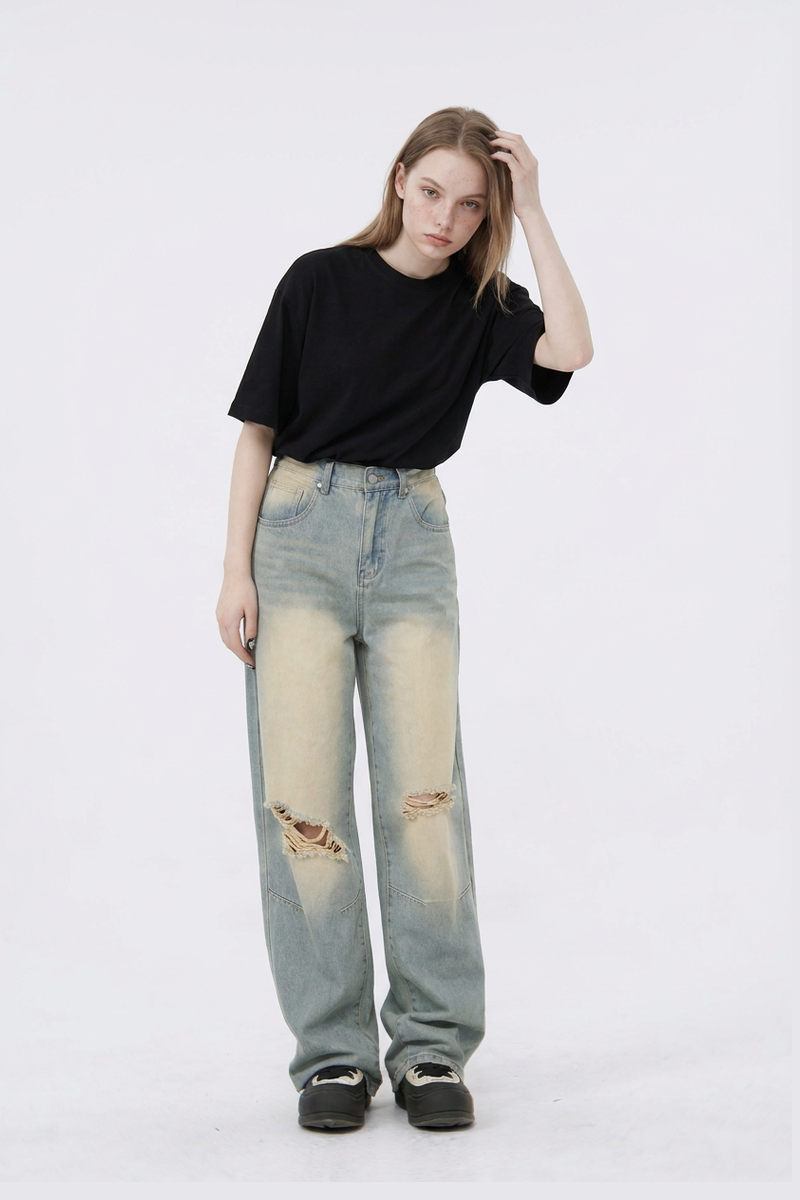 Women's Heavy Wash High Waist Wide Leg Ripped Jeans