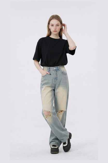 Women's Heavy Wash High Waist Wide Leg Ripped Jeans