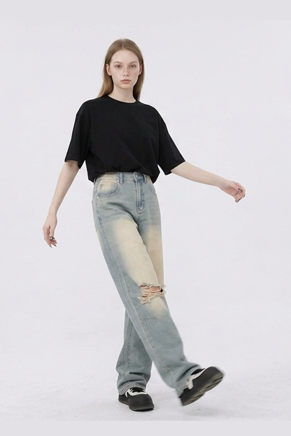 Women's Heavy Wash High Waist Wide Leg Ripped Jeans