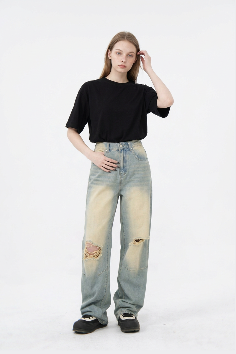 Women's Heavy Wash High Waist Wide Leg Ripped Jeans