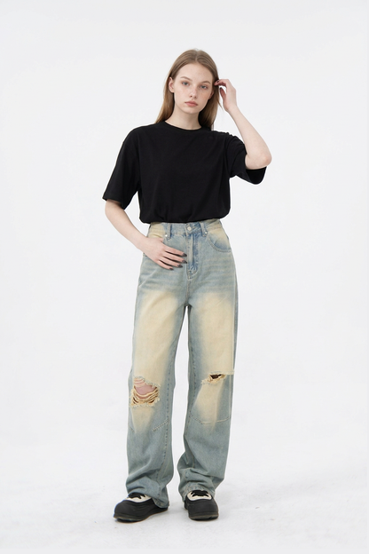 Women's Heavy Wash High Waist Wide Leg Ripped Jeans