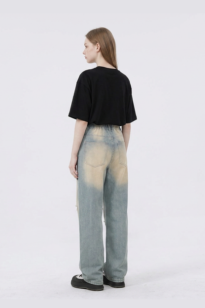 Women's Heavy Wash High Waist Wide Leg Ripped Jeans