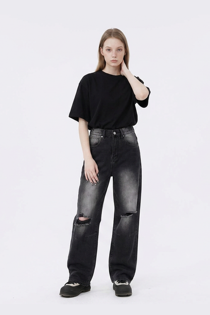 Women's Heavy Wash High Waist Wide Leg Ripped Jeans
