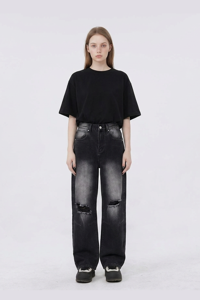 Women's Heavy Wash High Waist Wide Leg Ripped Jeans