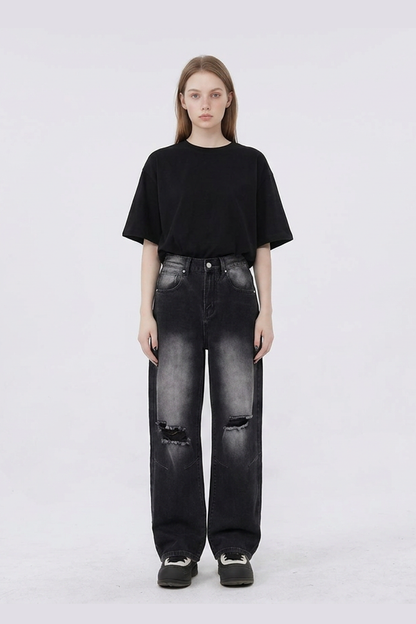 Women's Heavy Wash High Waist Wide Leg Ripped Jeans