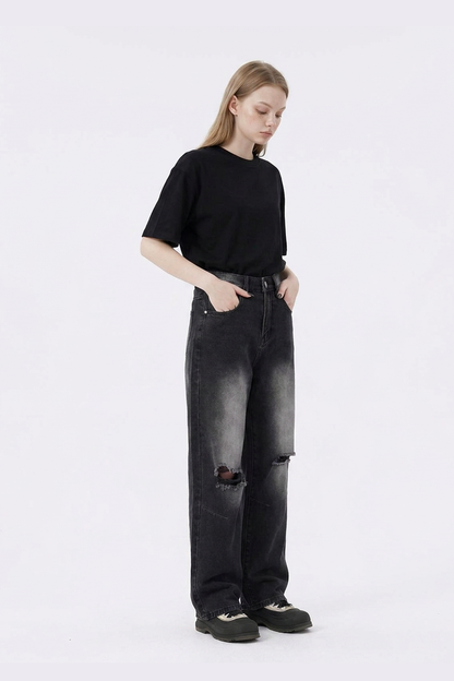 Women's Heavy Wash High Waist Wide Leg Ripped Jeans