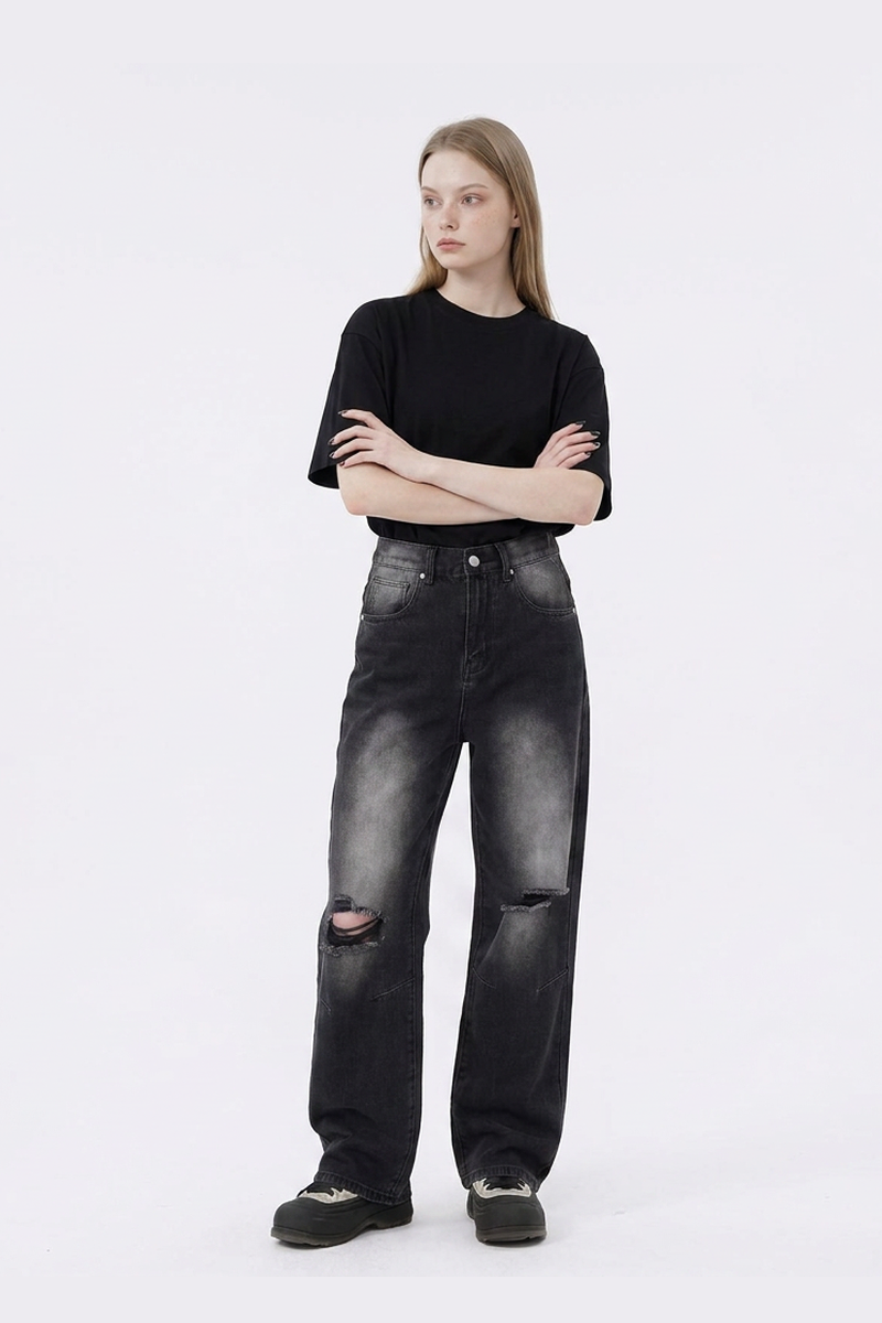 Women's Heavy Wash High Waist Wide Leg Ripped Jeans