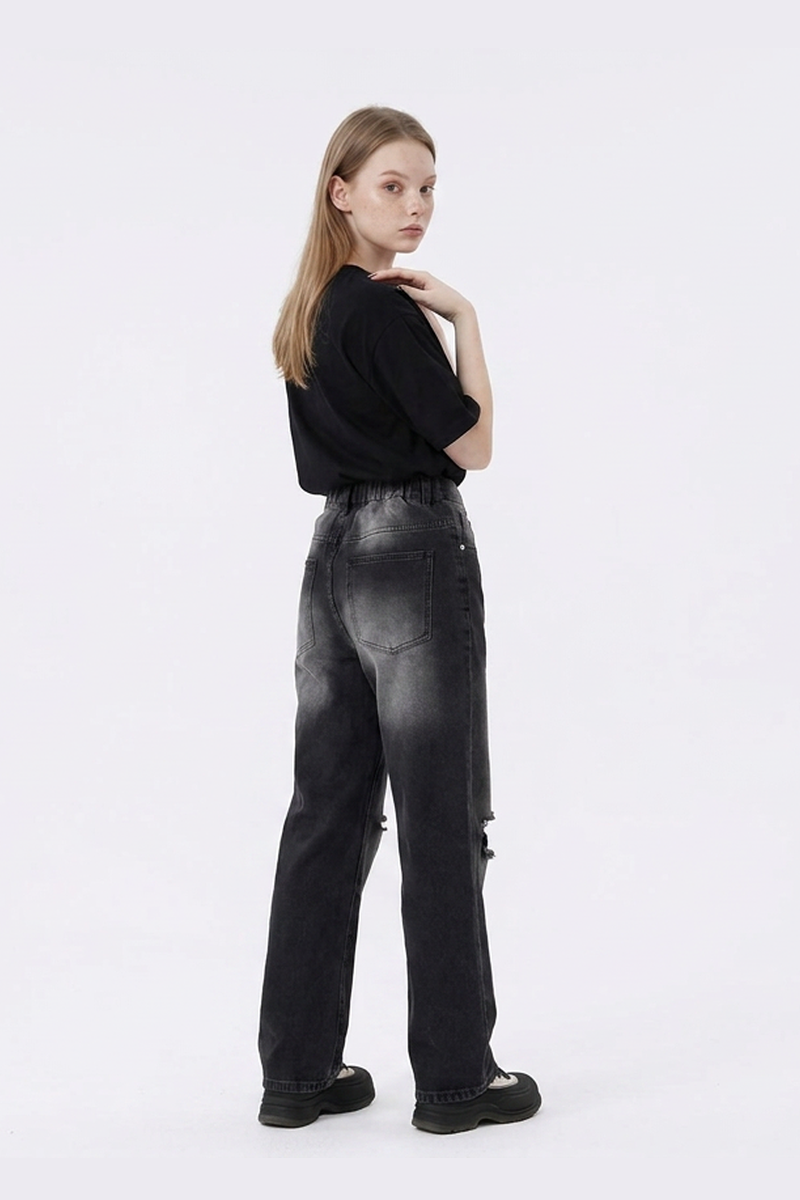 Women's Heavy Wash High Waist Wide Leg Ripped Jeans