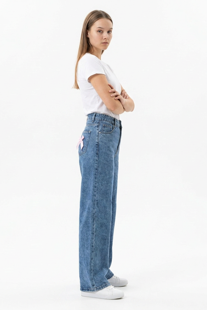 Women's High Waist Back Bow Detail Wide Leg Jeans