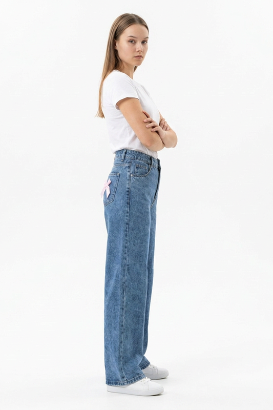 Women's High Waist Back Bow Detail Wide Leg Jeans