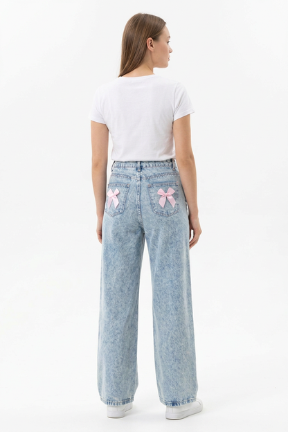Women's High Waist Back Bow Detail Wide Leg Jeans
