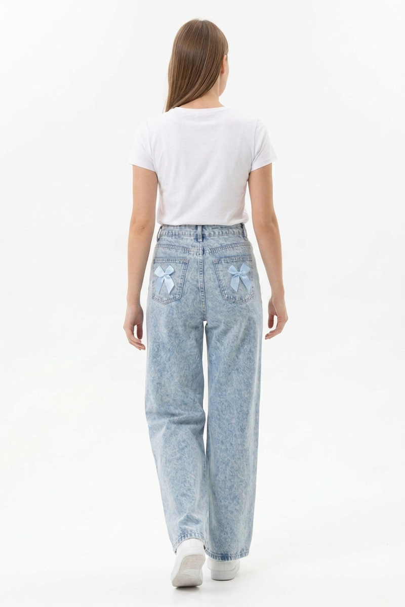 Women's High Waist Back Bow Detail Wide Leg Jeans