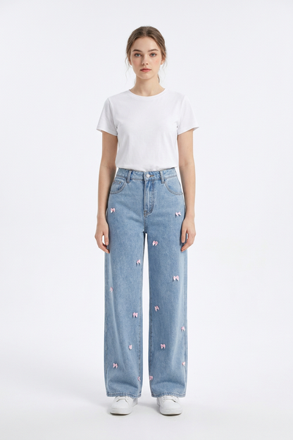 Women's High Waist Sweet Bow Pattern Wide Leg Jeans