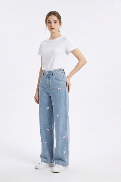 Women's High Waist Sweet Bow Pattern Wide Leg Jeans