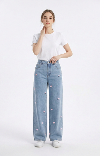 Women's High Waist Sweet Bow Pattern Wide Leg Jeans