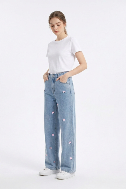 Women's High Waist Sweet Bow Pattern Wide Leg Jeans